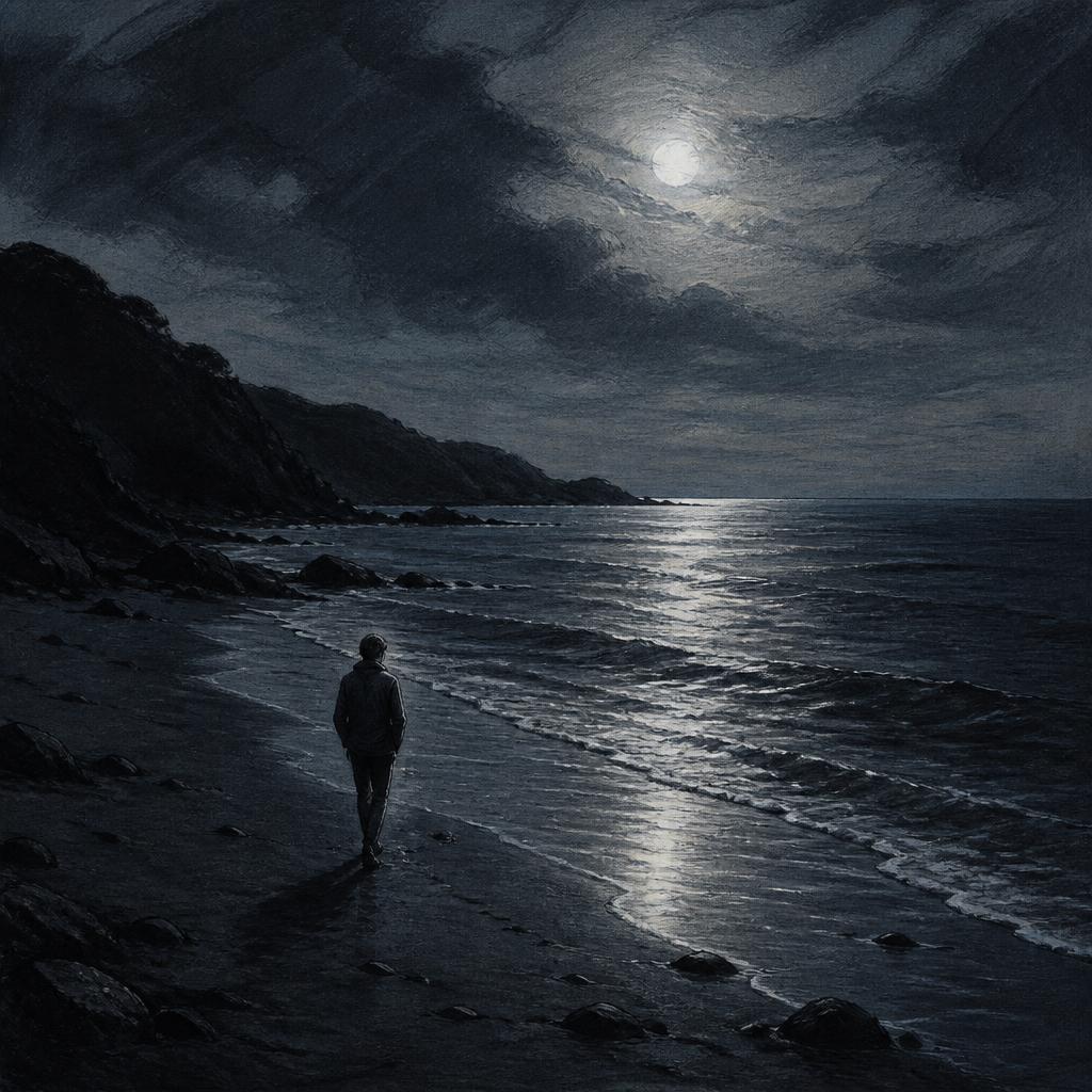 Ilustración de un chico paseando solo por la orilla de una isla a la luz de la luna, con olas y acantilados oscuros