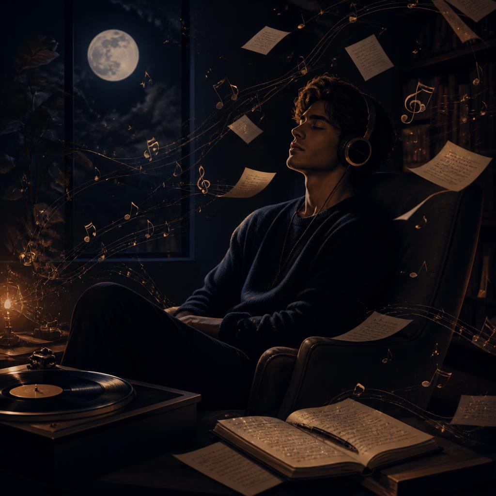 Ilustración de un chico con auriculares en una habitación oscura, rodeado de notas musicales y páginas de un cuaderno, con luz de luna