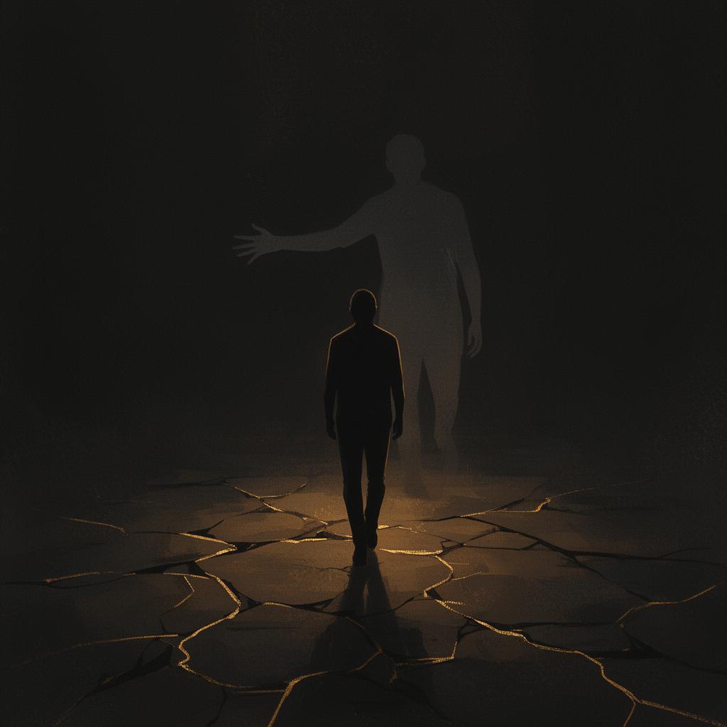 Ilustración de una figura solitaria caminando sobre un camino resquebrajado con una sombra detrás alargando la mano, representando la traición