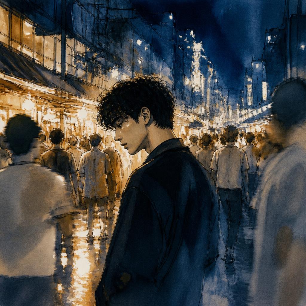 Ilustración de un chico solitario en una calle nocturna de Bangkok, rodeado de multitudes borrosas y luces de neón
