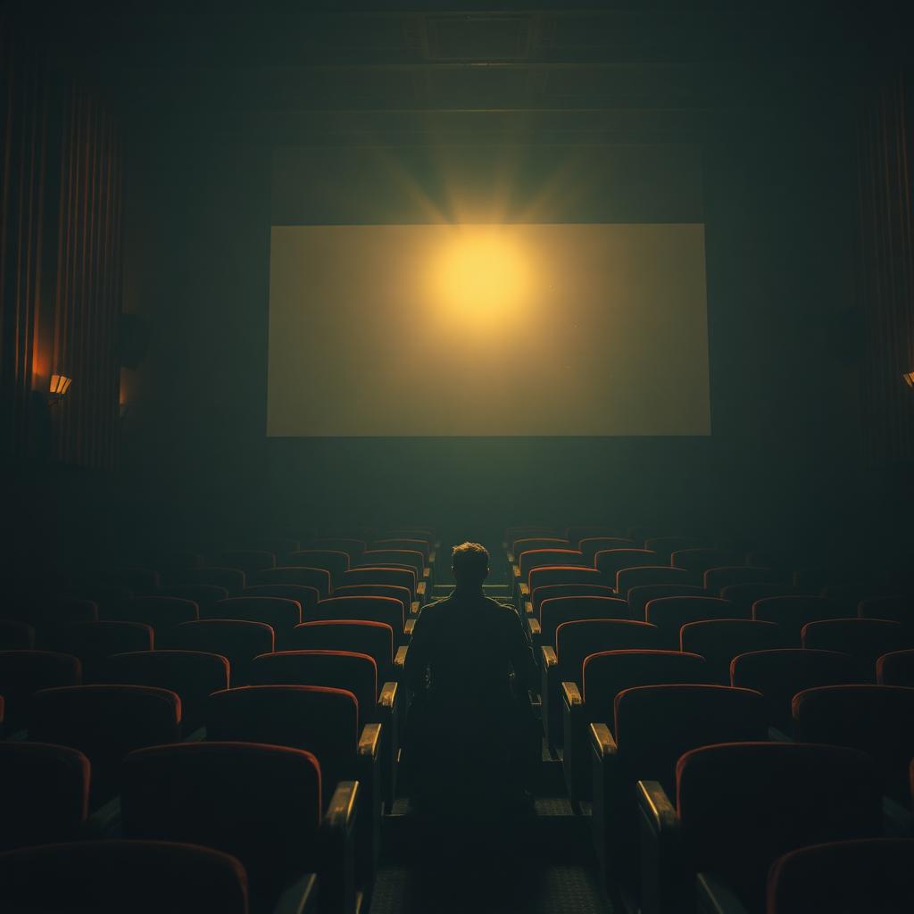 Una figura solitaria en un cine oscuro, contemplando la pantalla iluminada