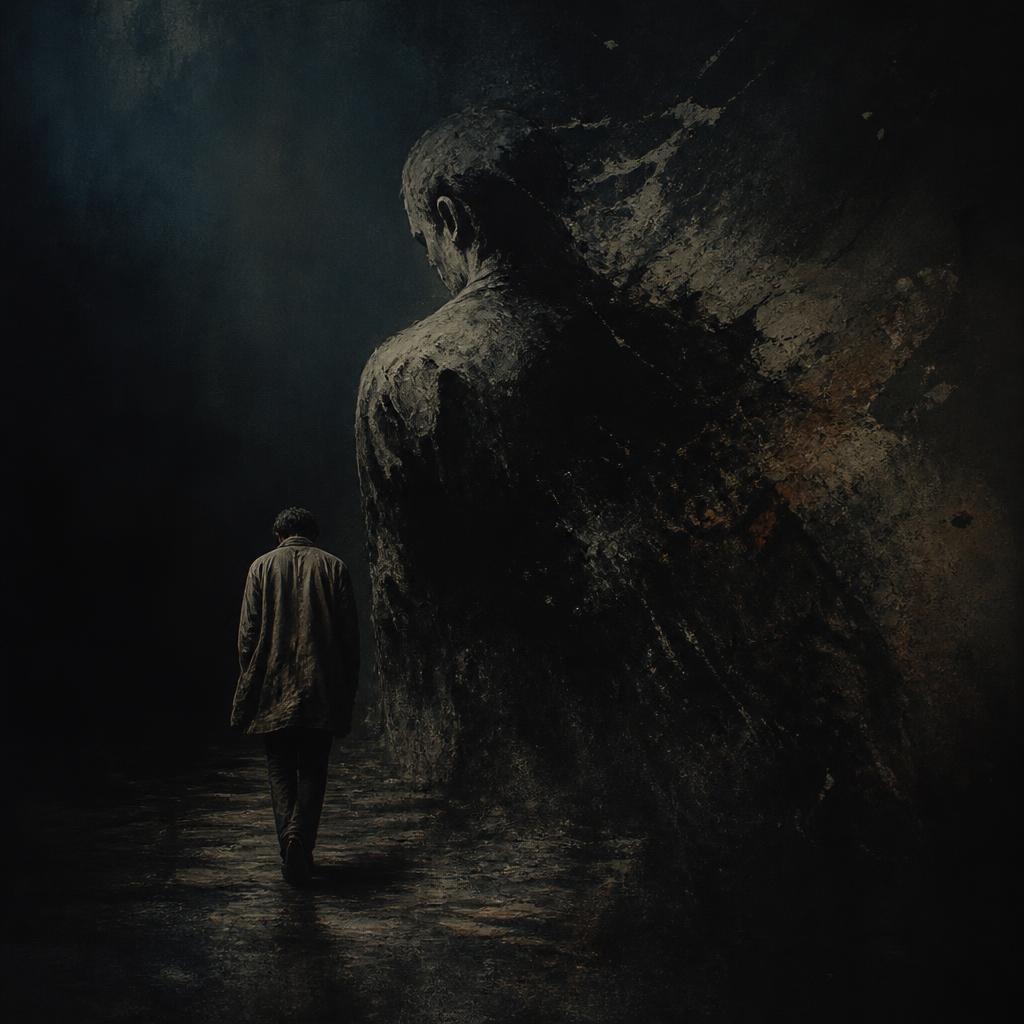 Ilustración oscura de una figura solitaria alejándose de una silueta imponente y distorsionada