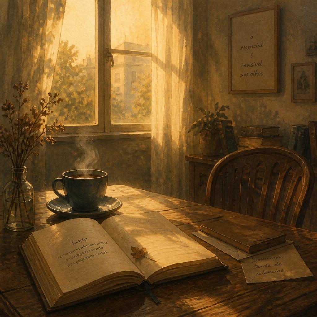 Ilustración de una habitación acogedora con luz dorada de domingo entrando por la ventana, una taza humeante y un libro abierto sobre la mesa