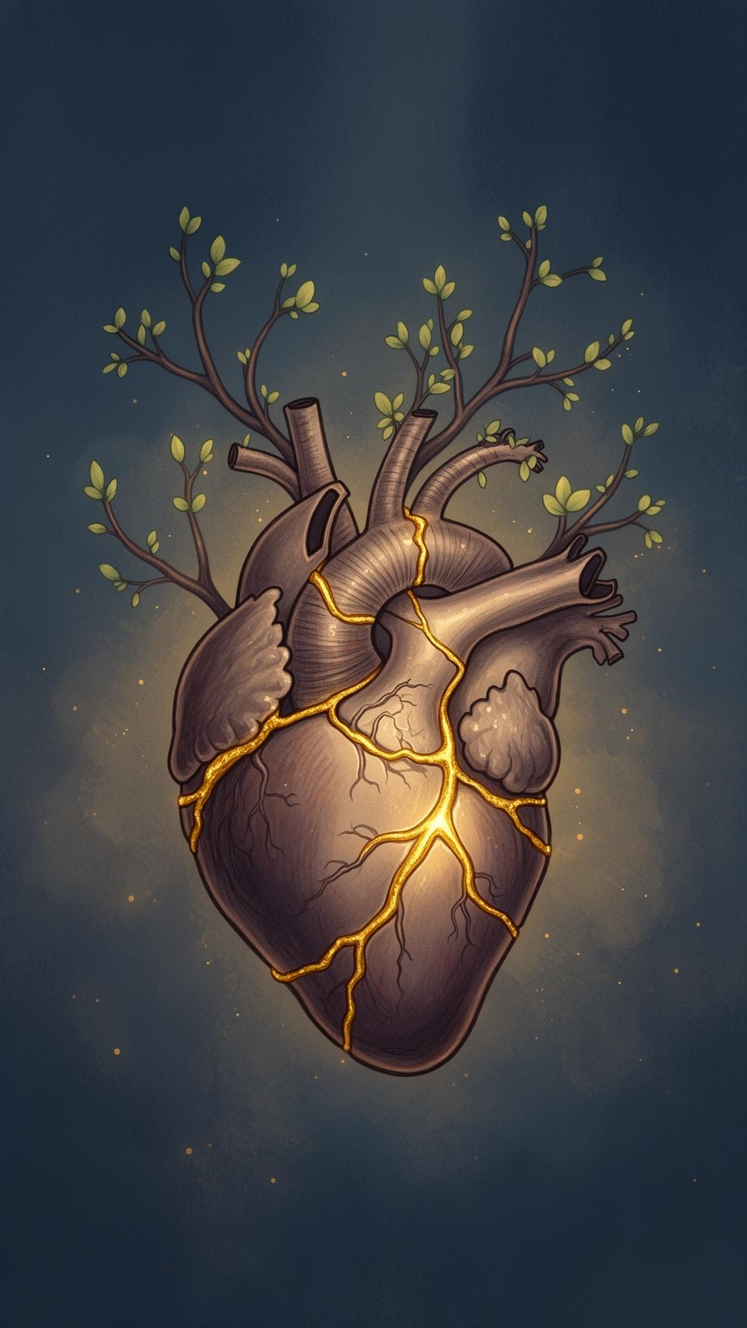 Ilustración de un corazón reconstruyéndose con grietas doradas y ramas con hojas brotando