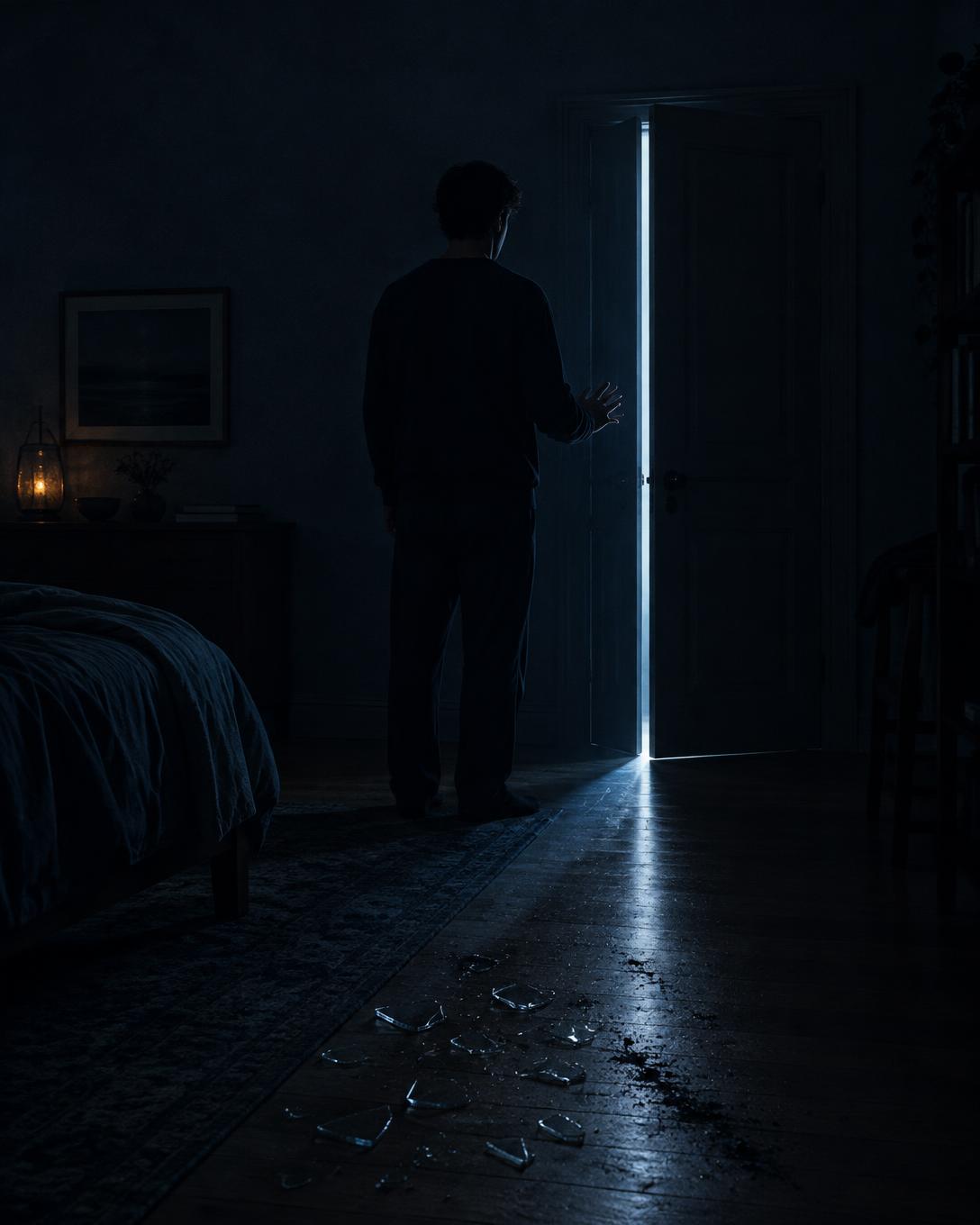Hombre inmóvil ante una puerta entreabierta de la que se filtra una franja de luz fría