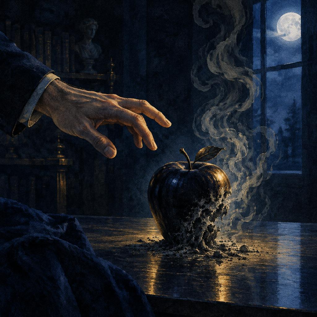 Ilustración de una mano suspendida ante una manzana envenenada que se deshace en cenizas, con luz de luna entrando por una ventana